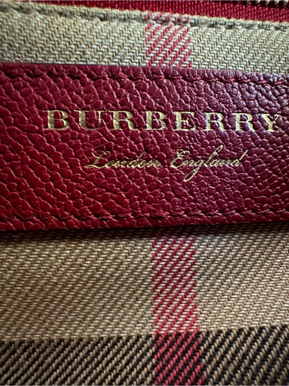 Burberry Red Leather Satchel with Gold Buckle and Check Strap